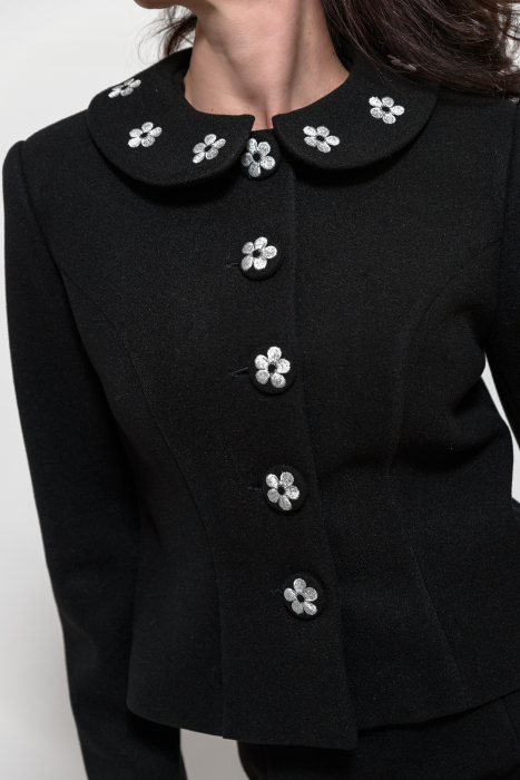 Compleu stofa negru cu guler rotund si broderie [5]