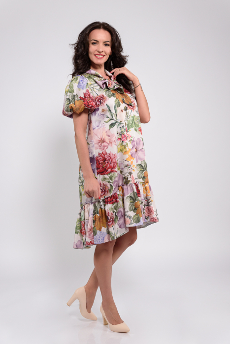 Rochie Effect cu flori mari multicolore, volan asimetric  și fundă la gât [4]