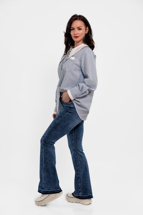 Camasa poplin bleu cu dungi albe si guler brodat [2]