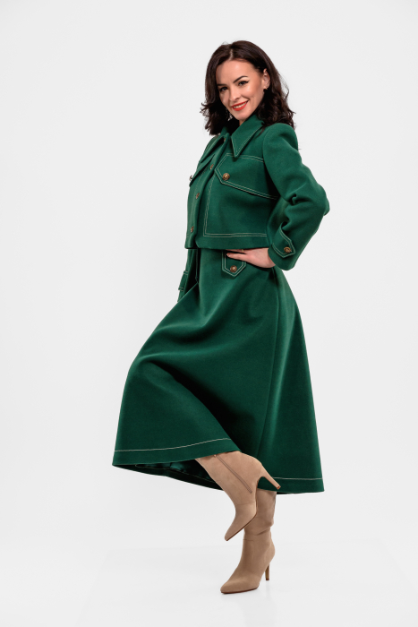 Fusta Effect midi verde, cusaturi ornamentale in contrast [3]