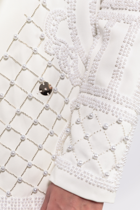 Sacou stofa alba cu broderie model geometric din perle perle [4]