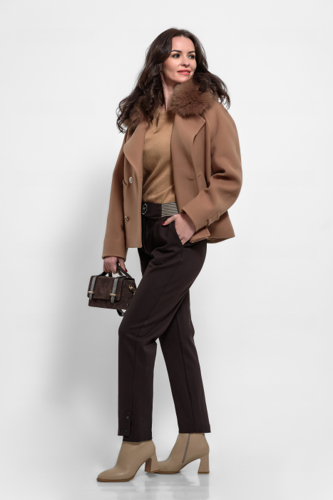 Pantaloni stofa maro conici cu elastic  cu dungi in talie [3]