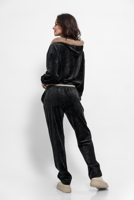 Compleu casual din catifea  neagra cu gluga si blanita [2]