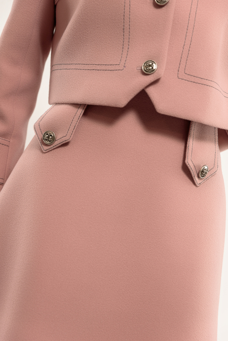 Fusta midi stofa roz, cusaturi ornamentale [3]