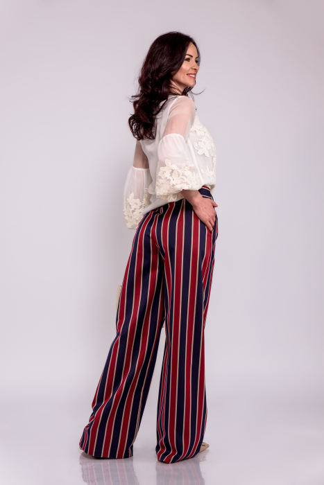 Pantalon palazzo  din bumbac cu dungi bleumarin - burgundi - bej [3]