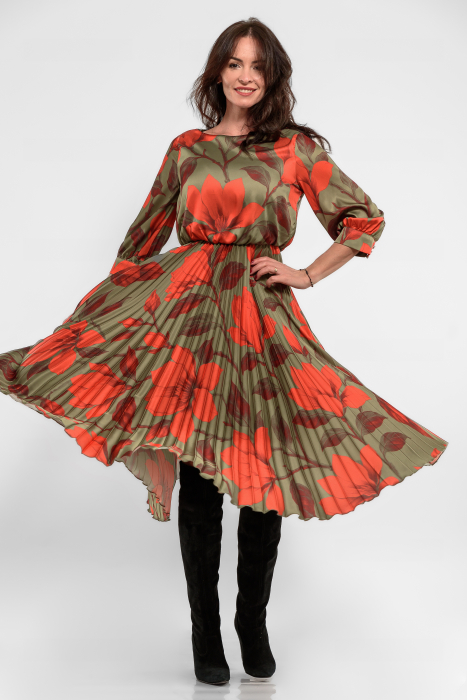 Rochie tripluvoal satinat cu flori mari oliv-caramiziu [1]