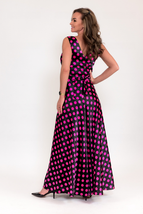 Rochie lunga din satin cu buline roz [1]