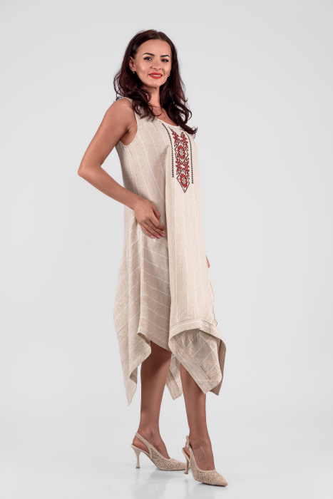 Rochie din in natur cu broderie traditionala si croiala asimetrica [2]