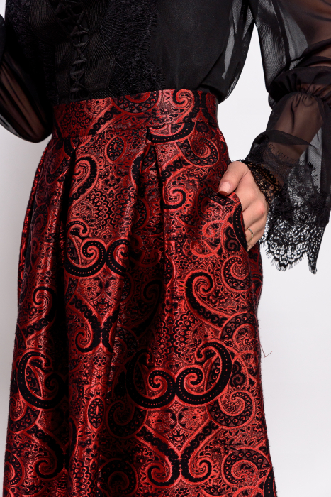 Fusta eleganta brocart rosu cu negru [3]