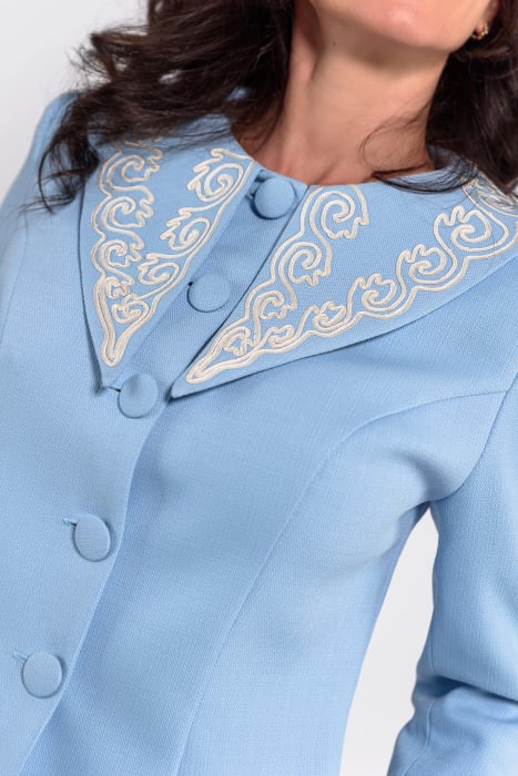 Sacou Effect bleu stofa impletita cu guler brodat si croi cambrat-model elegant, captusit, cu nasturi imbracati [5]