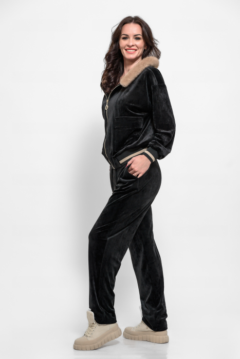 Compleu casual din catifea  neagra cu gluga si blanita [3]