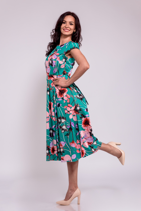 Rochie cu pliuri_ verde, flori lila si corai [3]