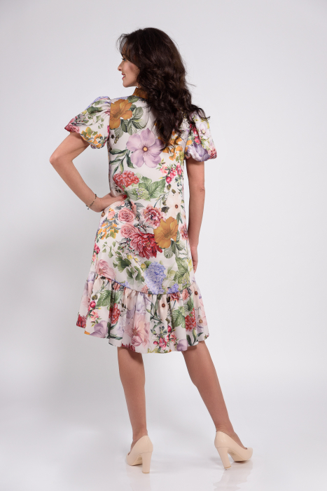 Rochie Effect cu flori mari multicolore, volan asimetric  și fundă la gât [2]