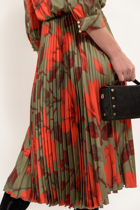 Rochie tripluvoal satinat cu flori mari oliv-caramiziu [3]