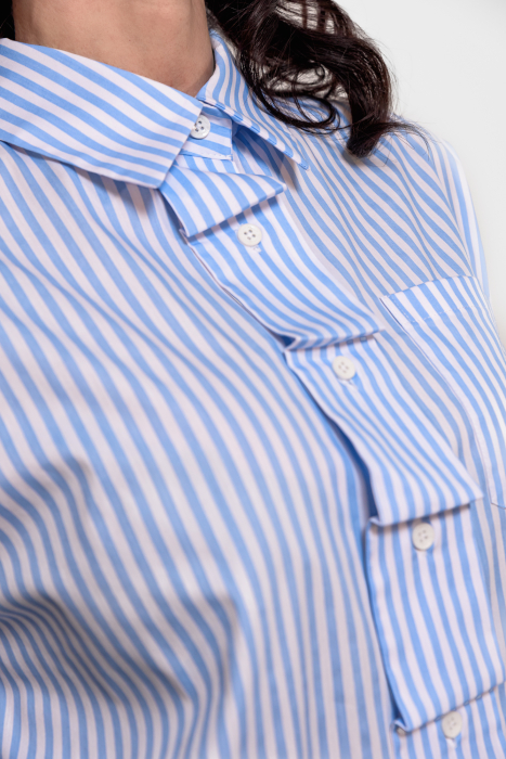 Camasa cu dungi bleu-alb cu cravata nedetasabila si buzunar la piept [4]