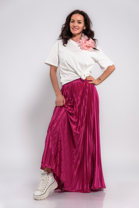 Fusta satinata lunga plisata  roz fucsia [2]