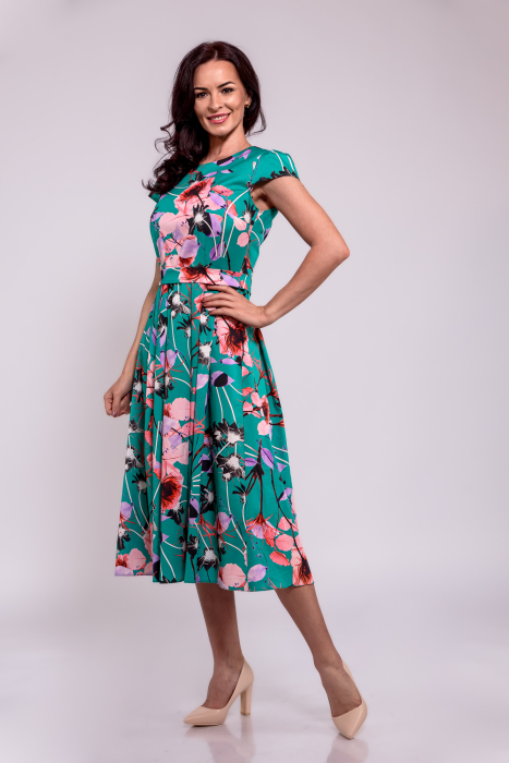 Rochie cu pliuri_ verde, flori lila si corai [2]