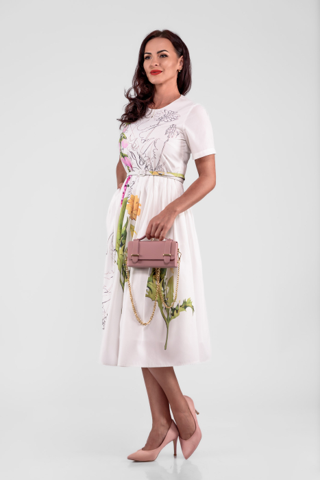 Rochie midi din poplin alb, captusita, cu imprimeu floral stilizat si curea imbracata [3]