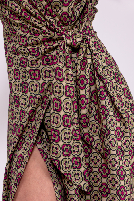 Rochie petrecuta cu print geometric floral retro, kaki cu accente burgundy [7]