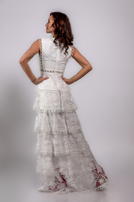 Rochie alba lunga glamour de ocazie din dantela cu detalii pretioase [2]