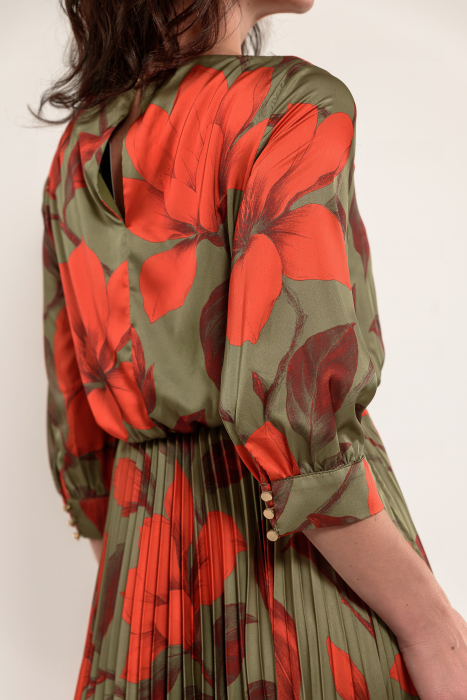 Rochie tripluvoal satinat cu flori mari oliv-caramiziu [4]