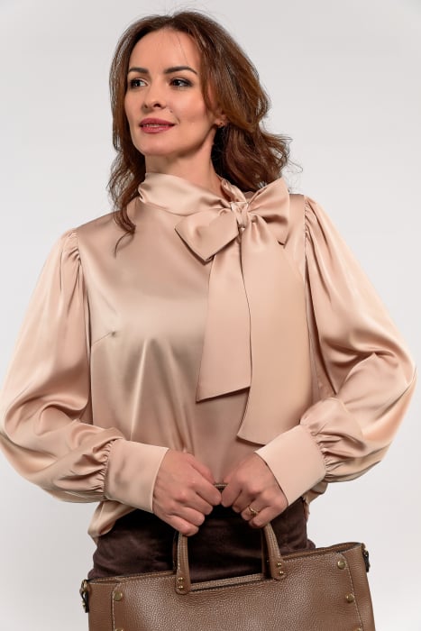 Bluza Effect satin bej cu fundă la gât [1]