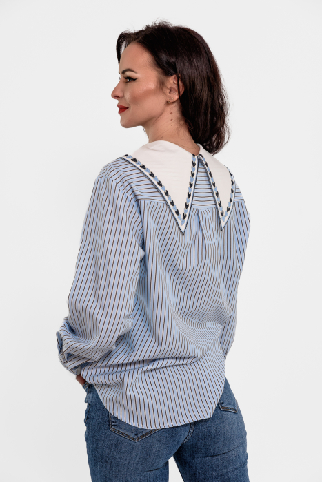 Camasa poplin bleu cu dungi albe si guler brodat [3]