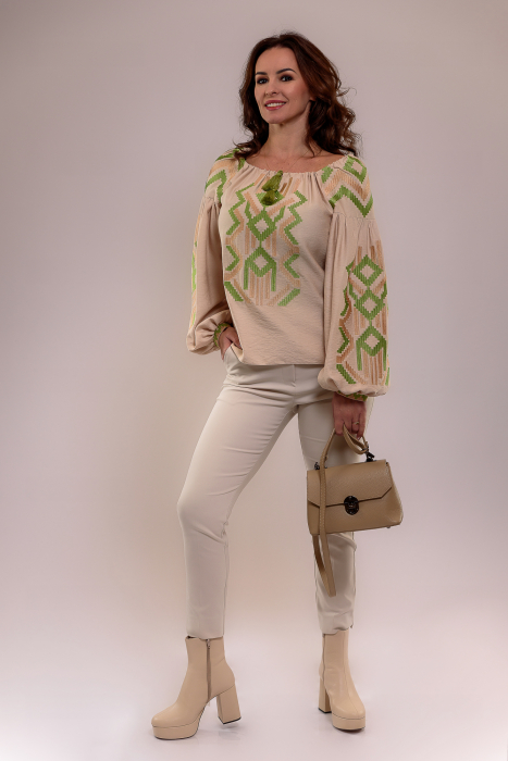 Bluza Effect cu broderie în nuanțe de bej și verde [3]