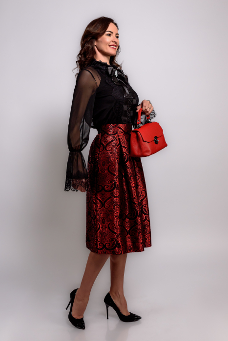 Fusta eleganta brocart rosu cu negru [4]