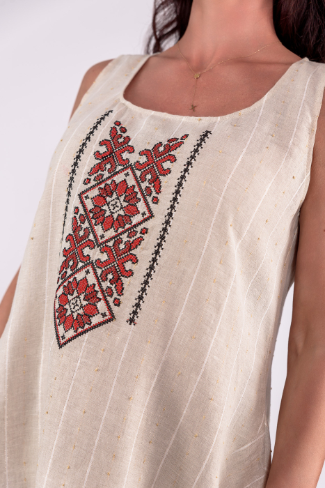 Rochie din in natur cu broderie traditionala si croiala asimetrica [4]