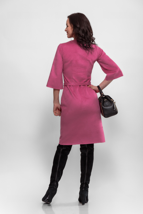 Rochie catifelata zmeurie cu broderie  florala la buzunare [3]