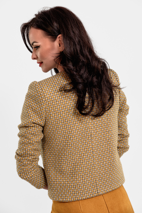 Sacou Effect stofa impletita cu carouri, in nuante de mustar, ivory si gri, accesorizat cu floricele hand made [3]