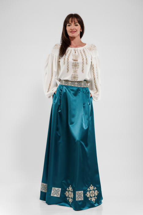 Fusta lunga tafta verde cu broderie traditionala [4]