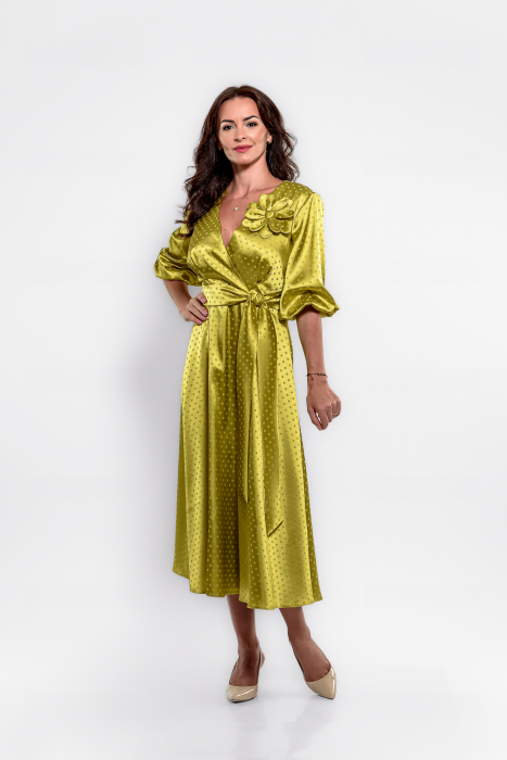 Rochie lime  tripluvoal satinat cu buline si floare supradimensionata [1]
