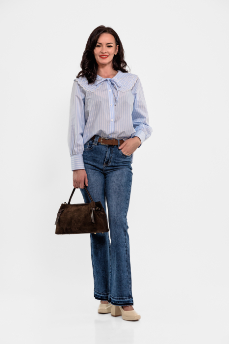 Camasa poplin bumbac 100% cu dungi alb-bleu, guler mare cu broderie sparta [5]