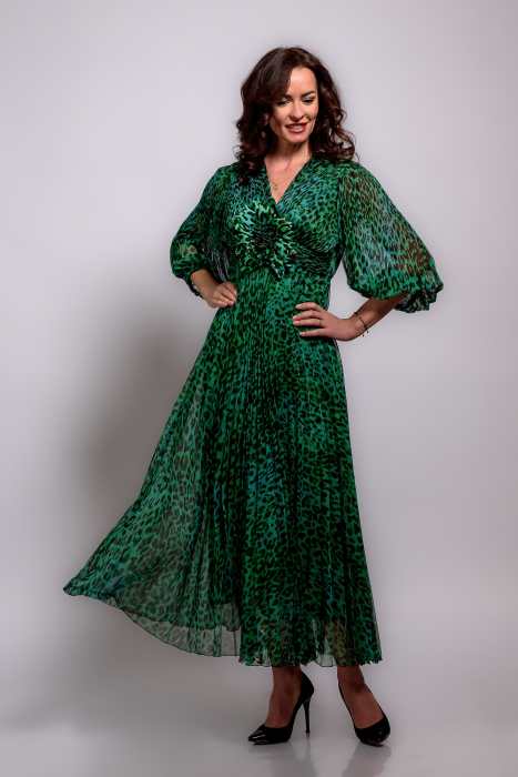 Rochie midi verde cu imprimeu animal print si floare supradimensionata [2]