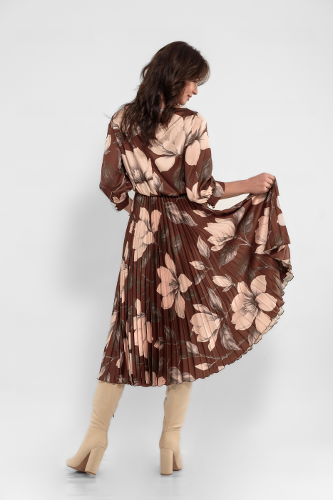 Rochie tripluvoal satinat cu flori mari bej si maro [2]