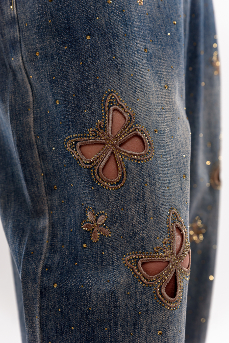 Blugi cu broderie perforata  si strasuri aurii vintage [5]
