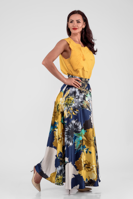 Fusta clos lunga vascoza 100% cu imprimeu floral maxi  galben cu bleumarin [2]