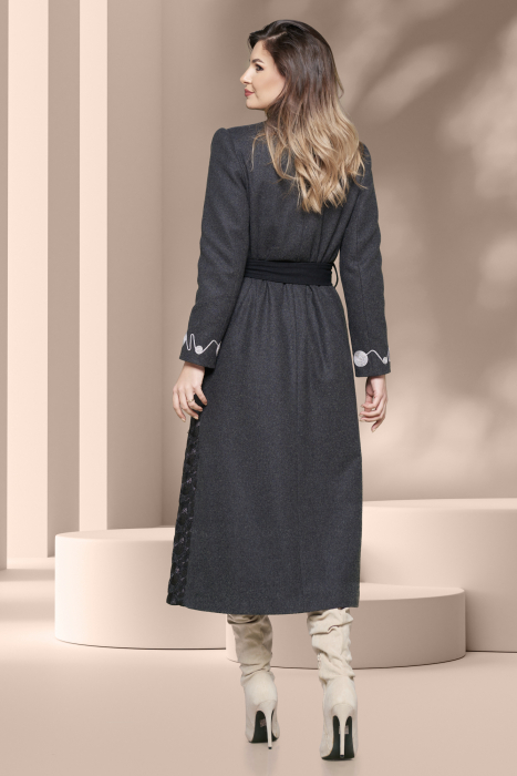 Palton lung elegant Effect stofa lana gri cu aplicatii argintii si negre [3]