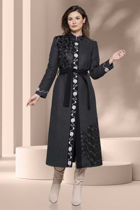Palton lung elegant Effect stofa lana gri cu aplicatii argintii si negre [2]