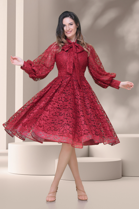 Rochie de ocazie baby doll din dantela visinie [3]