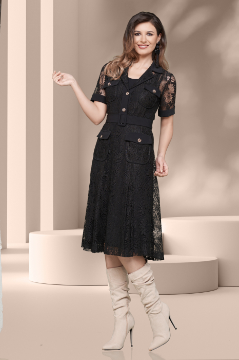 Rochie neagra eleganta trei sferturi din dantela cu buzunare [2]