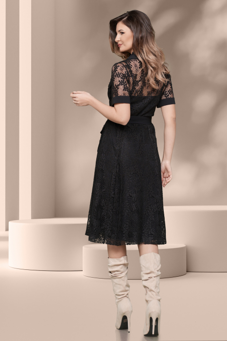 Rochie neagra eleganta trei sferturi din dantela cu buzunare [3]