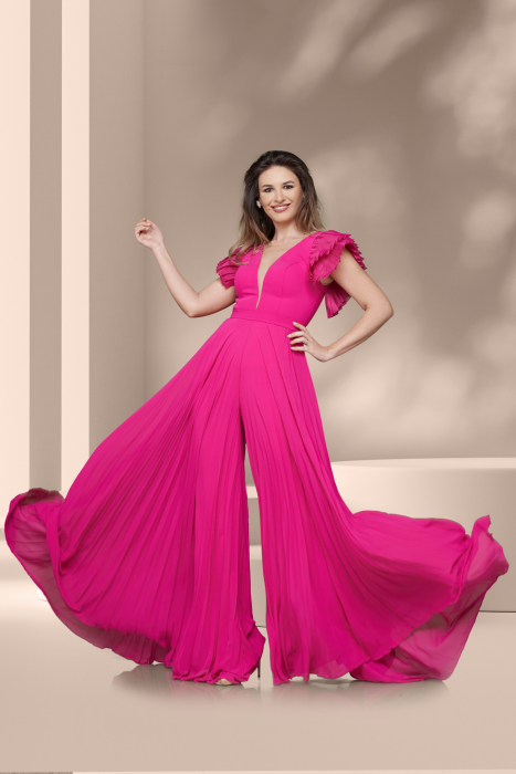 Salopeta eleganta fucsia din voal plisat cu decolteu adanc  [3]
