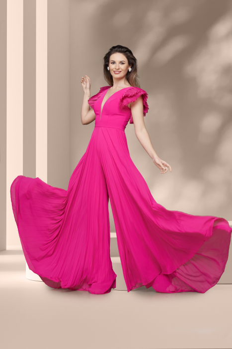 Salopeta eleganta fucsia din voal plisat cu decolteu adanc  [4]