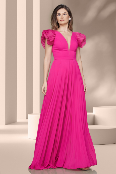 Salopeta eleganta fucsia din voal plisat cu decolteu adanc  [2]