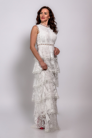 Rochii de ocazie - Rochie alba lunga glamour de ocazie din dantela cu detalii pretioase