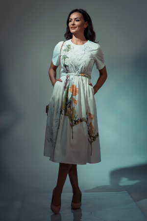 Rochie midi din poplin alb, captusita, cu imprimeu floral stilizat si curea imbracata [4]