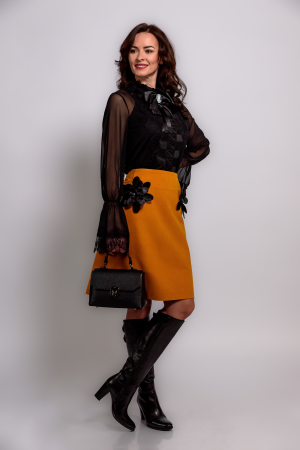 Fuste - Fusta Effect catifea mustar cu flori satinate handmade